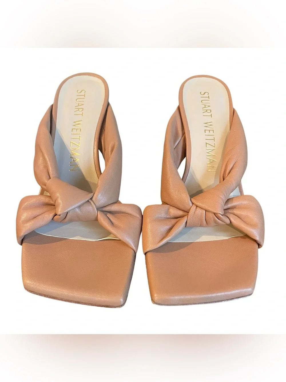 Stuart Weitzman Playa 75 Knot Leather Sandals Tan Square Toe Heels Women Size 7
